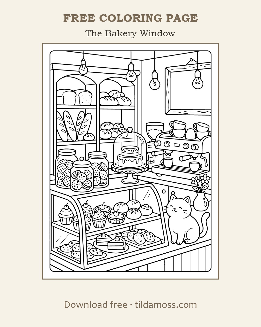 Free printable colouring page &ldquo;The Bakery Window&rdquo; — a cosy scene in bold black outlines on A4.