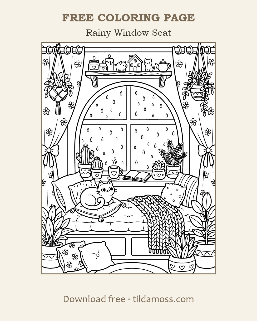 Free printable colouring page &ldquo;Rainy Window Seat&rdquo; — a cosy scene in bold black outlines on A4.