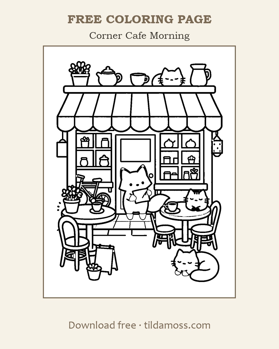 Free printable colouring page &ldquo;Corner Cafe Morning&rdquo; — a cosy scene in bold black outlines on A4.