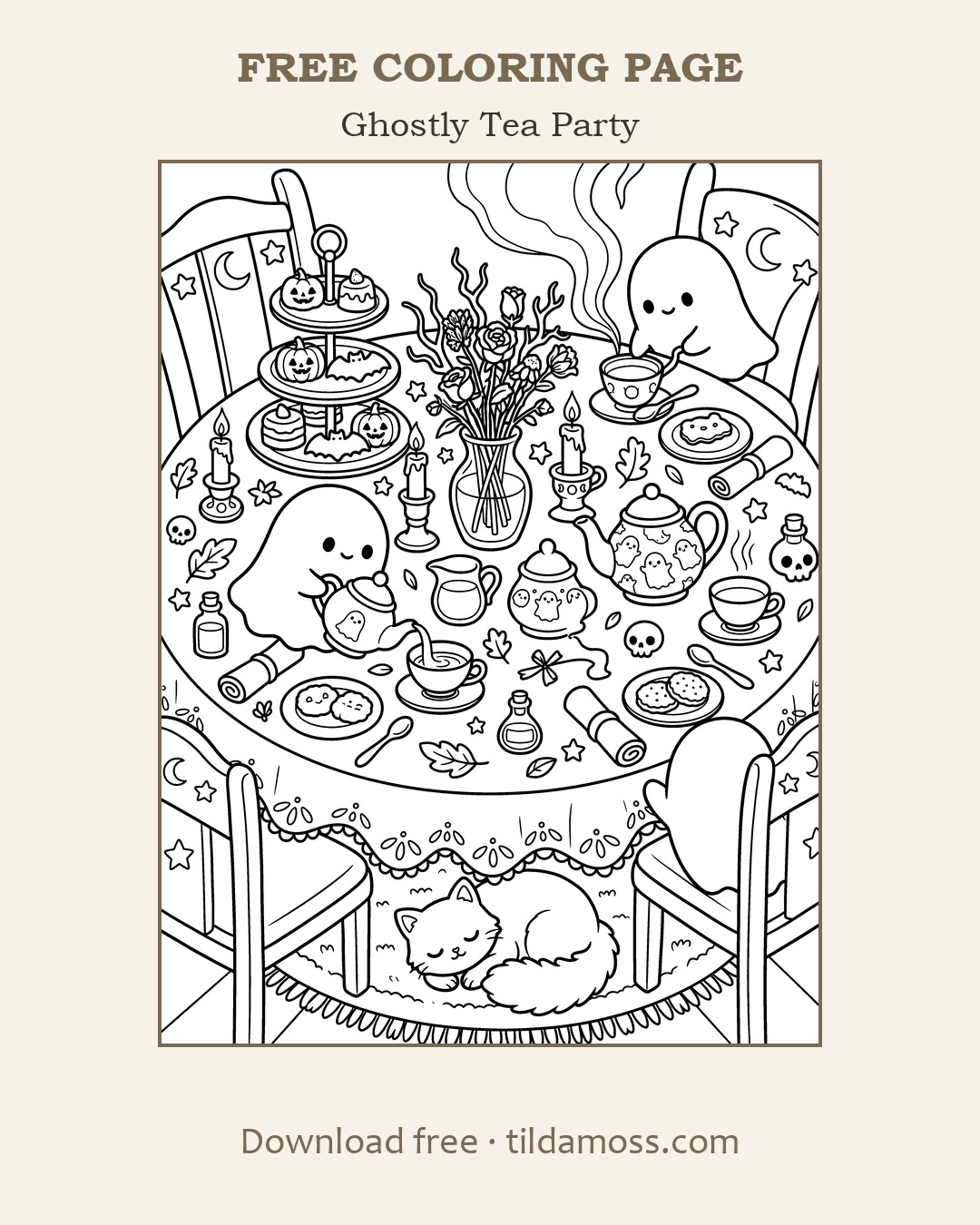 Free printable colouring page &ldquo;Ghostly Tea Party&rdquo; — a cosy scene in bold black outlines on A4.
