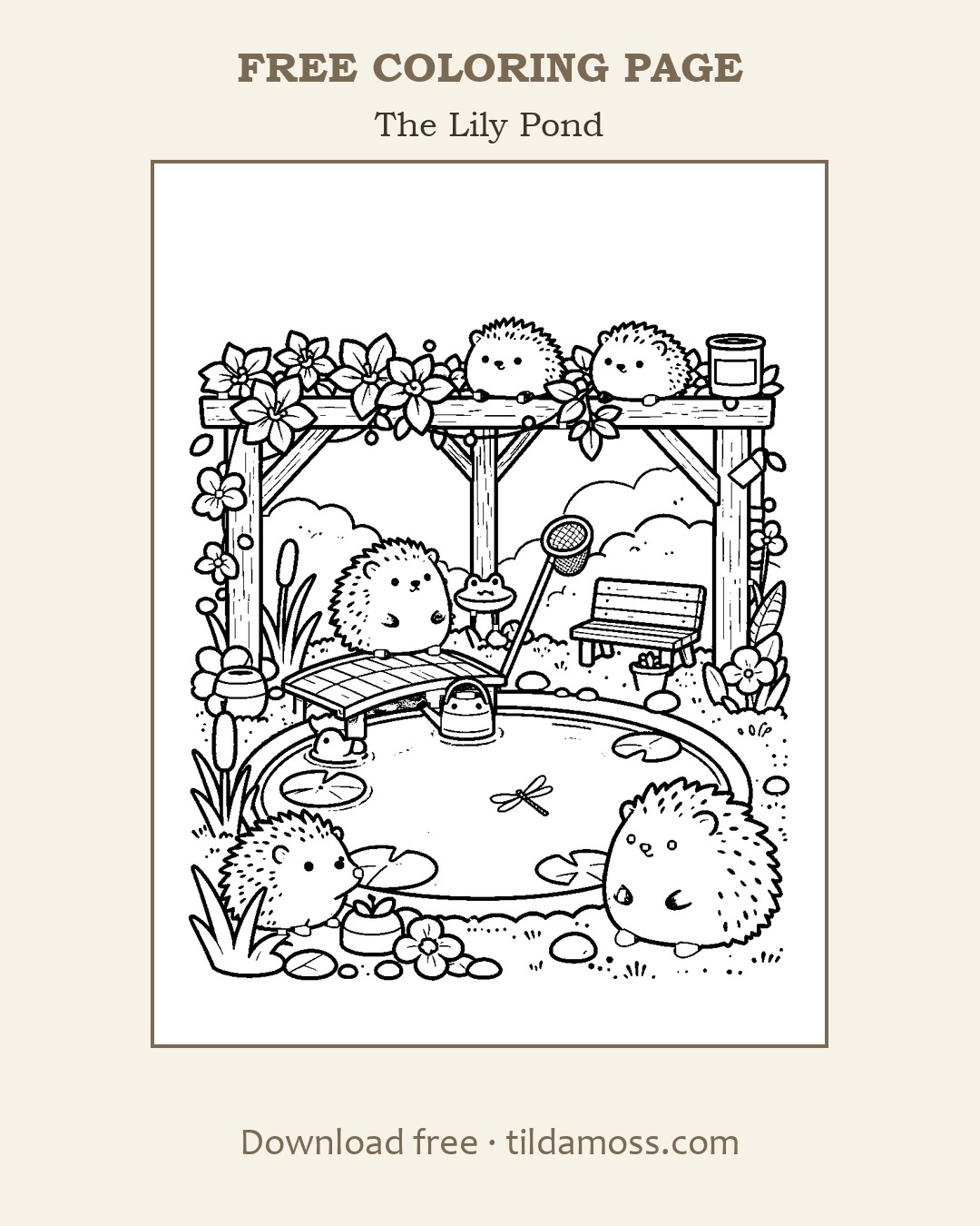 Free printable colouring page &ldquo;The Lily Pond&rdquo; — a cosy scene in bold black outlines on A4.