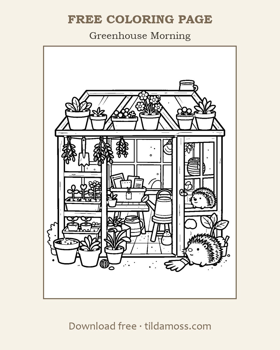 Free printable colouring page &ldquo;Greenhouse Morning&rdquo; — a cosy scene in bold black outlines on A4.
