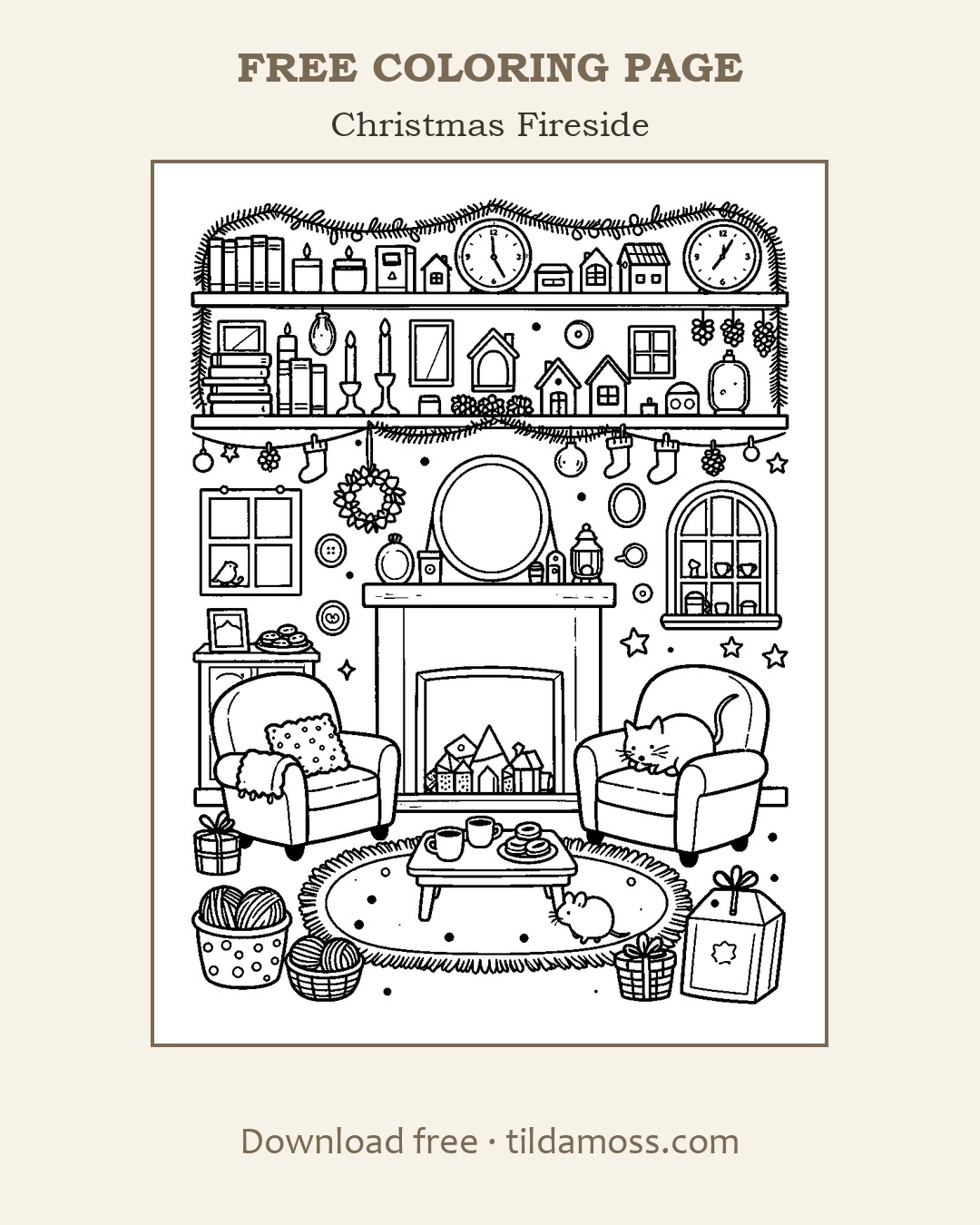 Free printable colouring page &ldquo;Christmas Fireside&rdquo; — a cosy scene in bold black outlines on A4.