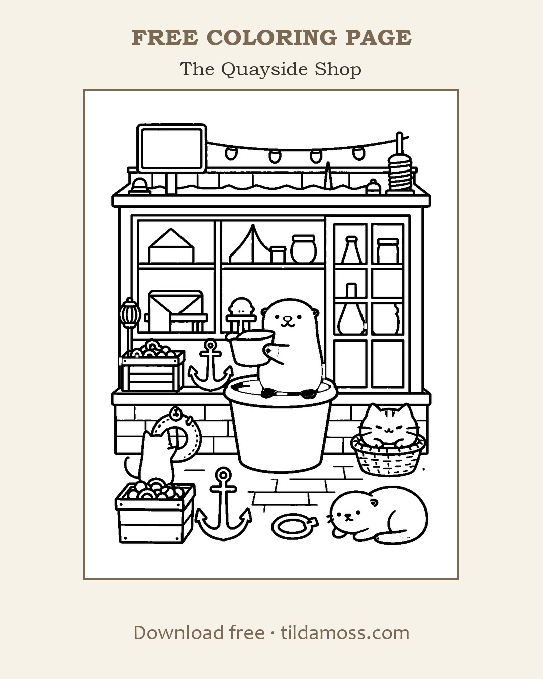 Free printable colouring page &ldquo;The Quayside Shop&rdquo; — a cosy scene in bold black outlines on A4.