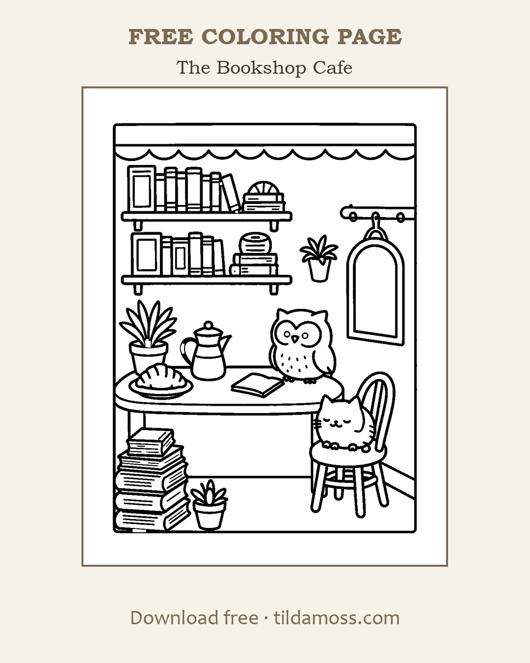 Free printable colouring page &ldquo;The Bookshop Cafe&rdquo; — a cosy scene in bold black outlines on A4.