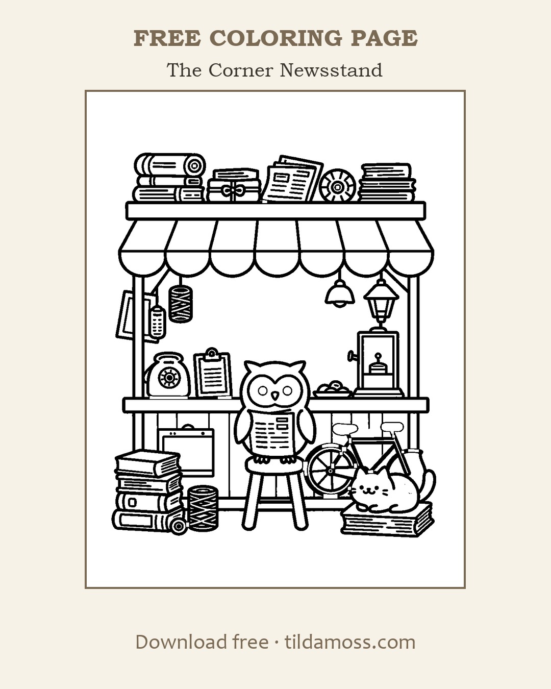 Free printable colouring page &ldquo;The Corner Newsstand&rdquo; — a cosy scene in bold black outlines on A4.