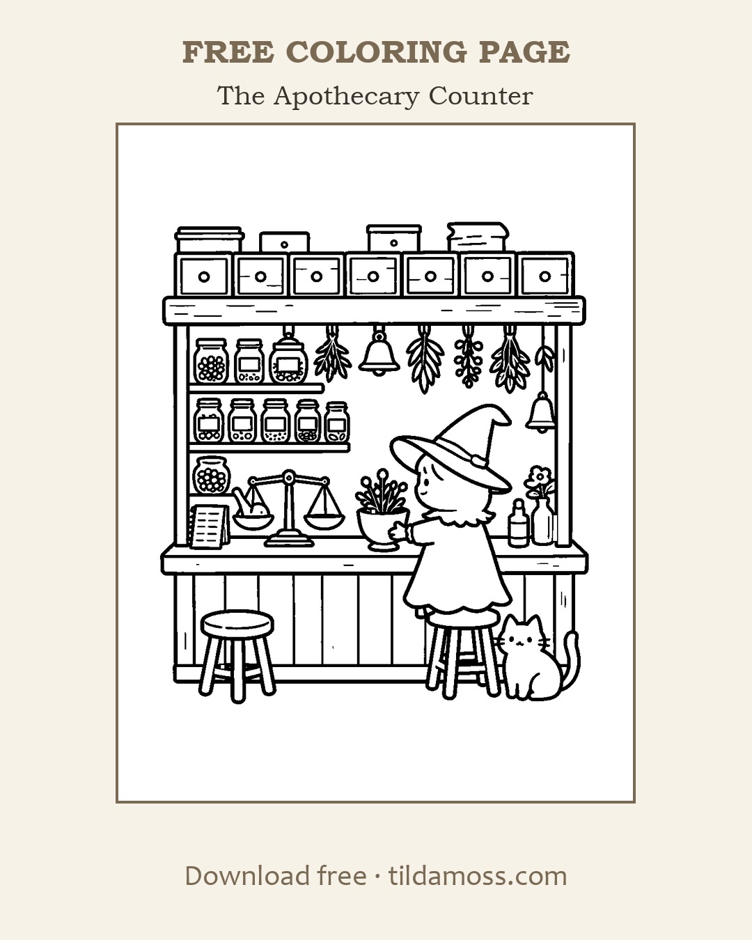 Free printable colouring page &ldquo;The Apothecary Counter&rdquo; — a cosy scene in bold black outlines on A4.