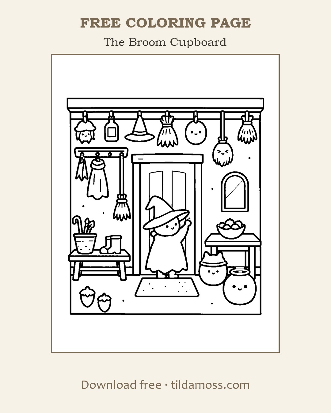 Free printable colouring page &ldquo;The Broom Cupboard&rdquo; — a cosy scene in bold black outlines on A4.